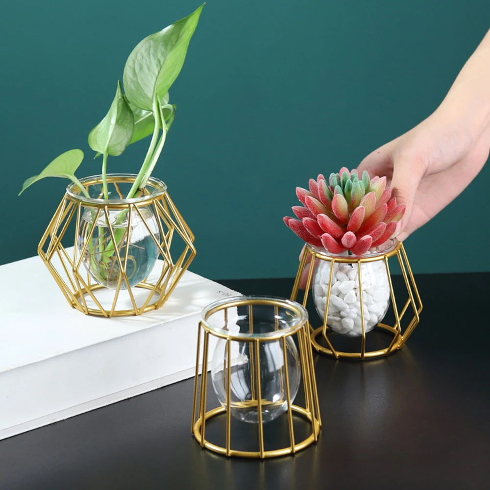 

Nordic Goldene Glas Vase Terrarium Geometrische Eisen Linie Vase Hydrokultur Pflanze Blume Vase Metall Anlage Halter Home Decor