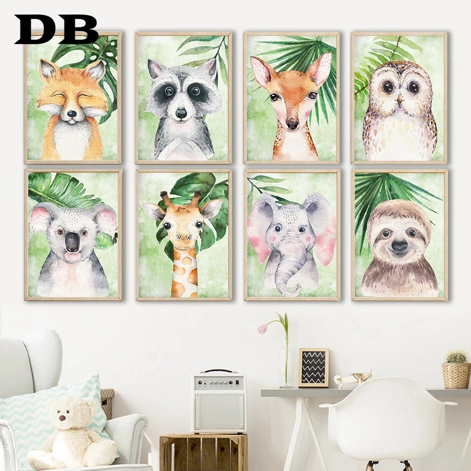 

Green Leaf Jungle Animals Owl Fox Raccoon Koala Wall Art Canvas Painting Nordic Posters And Prints Wall Pictures Kids Room Decor