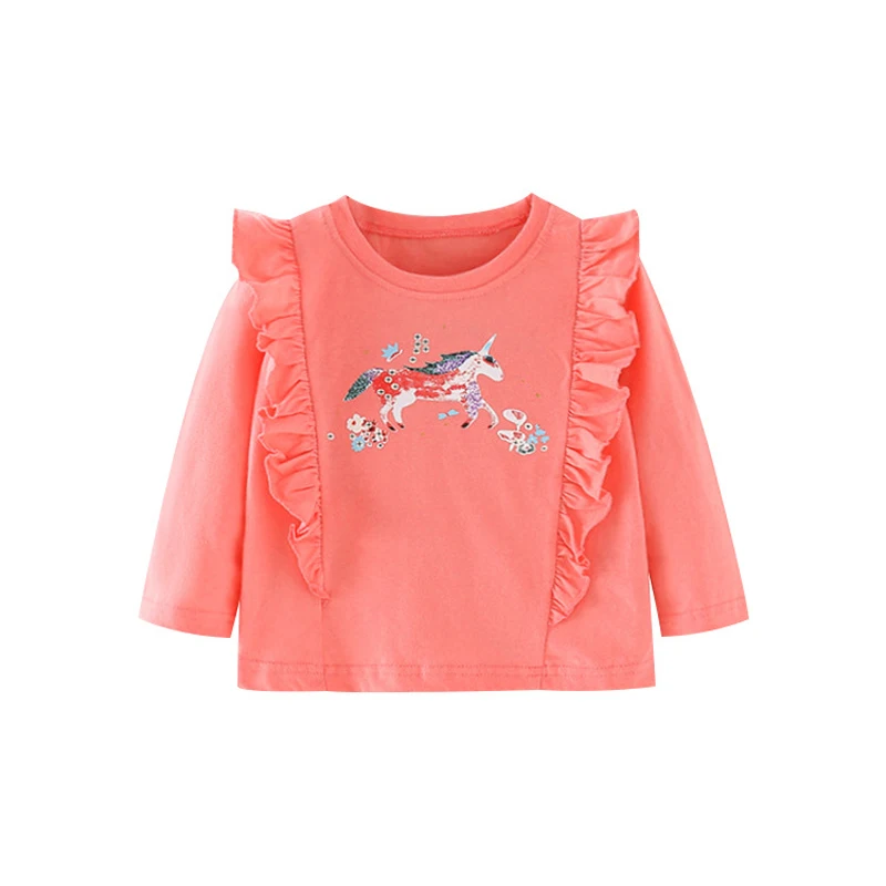 

Jumping Meters Girls Cute Cartoon Unicorn T-shirts Autumn Cotton Casual Crew Neck for Pink Long Sleeve Top Baby Clothes 2-7years