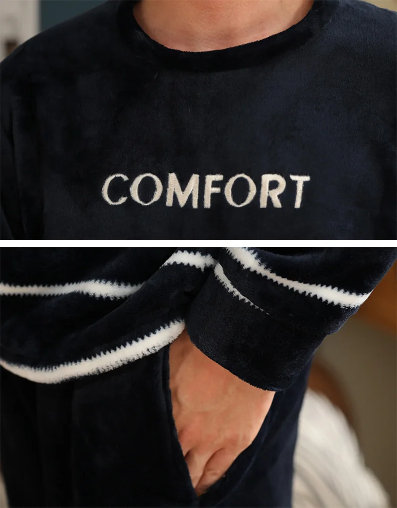 Plus Velvet Thicken Winter Men's Pajamas Set Long Sleeve O-neck Sleeping Tops Large Size Homewear Pajamas Sleep Loose Sleepwear