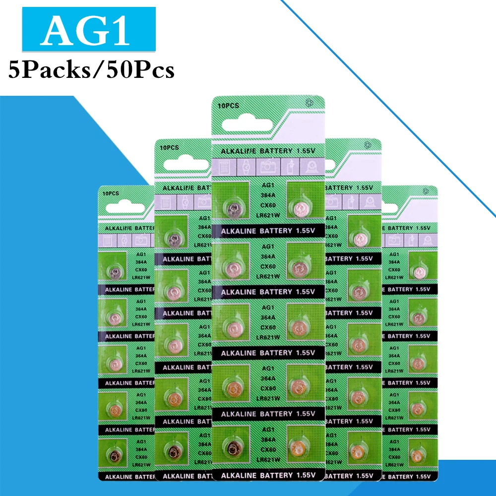 

YCDC 50PCS/5 Pack 1.55V AG1 LR621 SR621 164 Button Batteries LR60 364A Cell Coin Alkaline Battery For Watch Electronic Remote