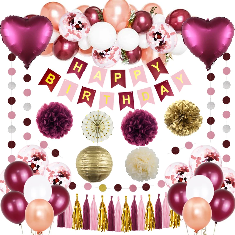 

59 шт./компл. бордовые украшения для дня рождения для женщин, гирлянда для воздушных шаров, винно-Красный баннер, бумажный цветочный веер, фон...