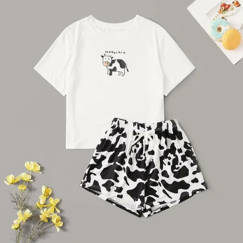 Милая Пижама с коровьим принтом Хлопковая пижама 2020 женская одежда для сна