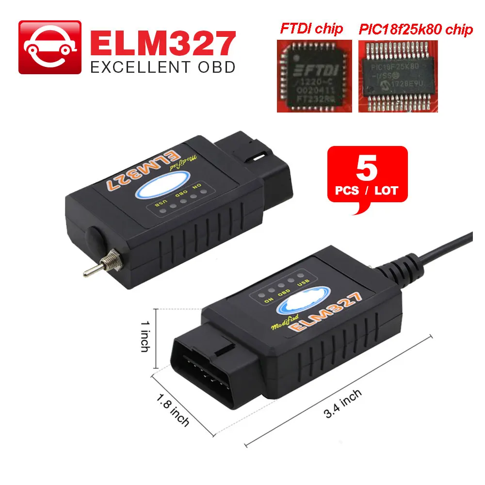 5pcs/lot ELM327 USB Bluetooth FTDI chip with switch ELM 327 HS CAN and MS CAN car OBD2 diagnostic tool for ford