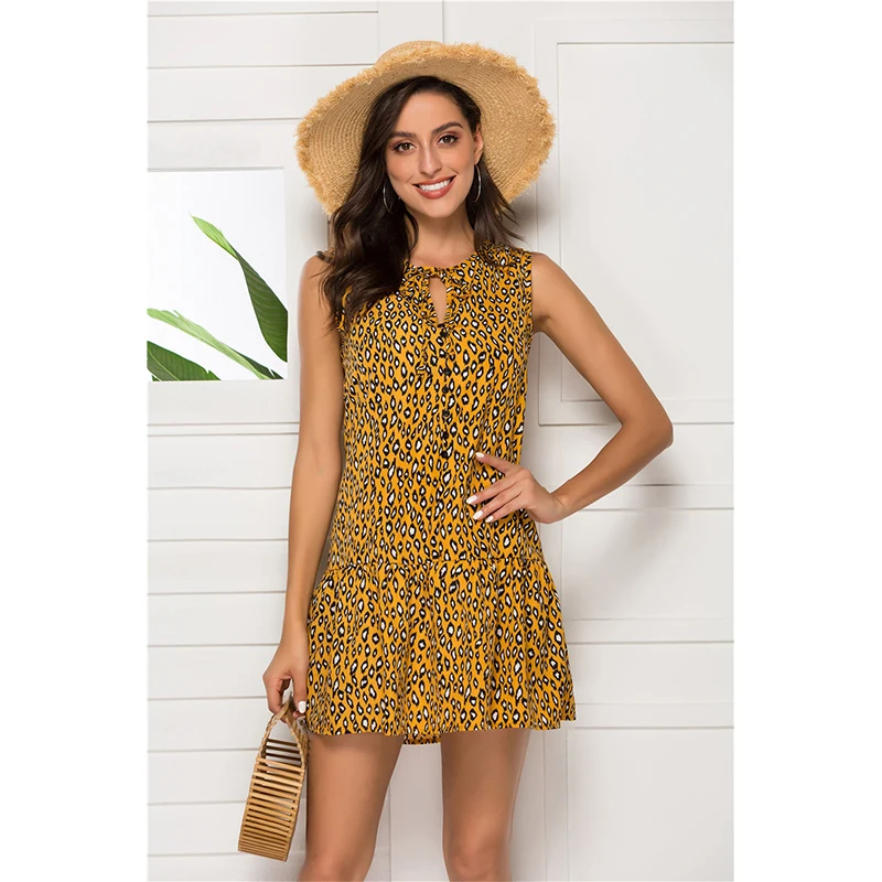 

Summer Women's Light Dresses 2021 Aestethic Sleeveless Shuttlecock Ruffled Irregular Sexy Leopard Bodycon Dress With Flounces