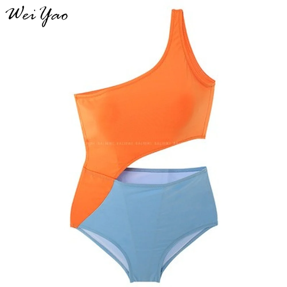 

WeiYao One Piece Swimsuit 2021 Sexy One Shoulder Bandage Swimsuit Women Solid Swimwear Backless Bathing Suit Beachwear Monokini