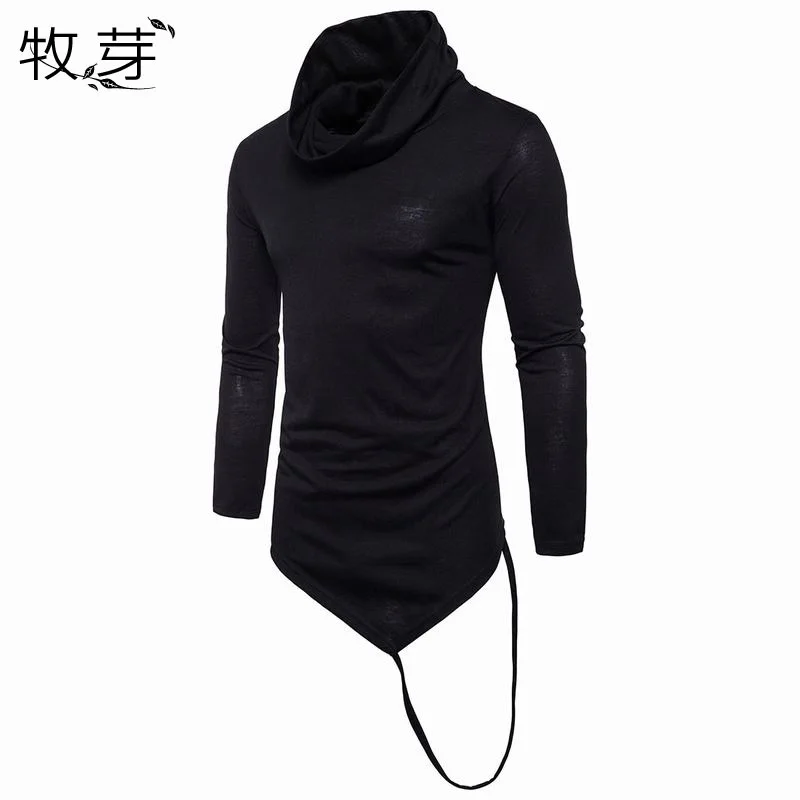 Новое поступление Мужская футболка с воротником Хомутом длинная Асимметричная