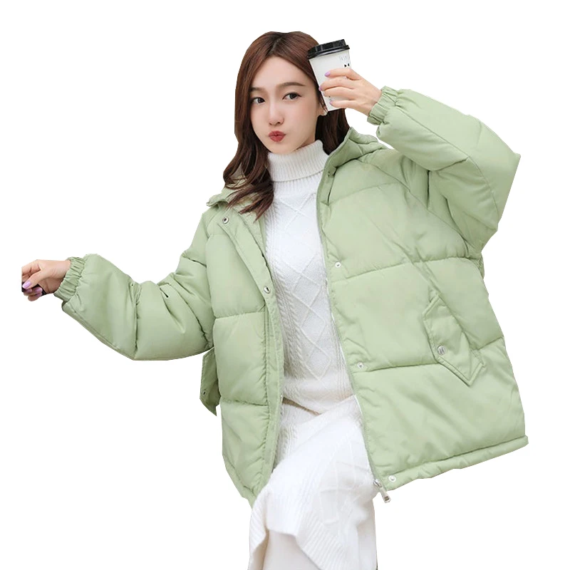 

New loose short winter cotton padded jacket 2020 thick warm hooded women parka solid zipper long sleeve Straight Female W45