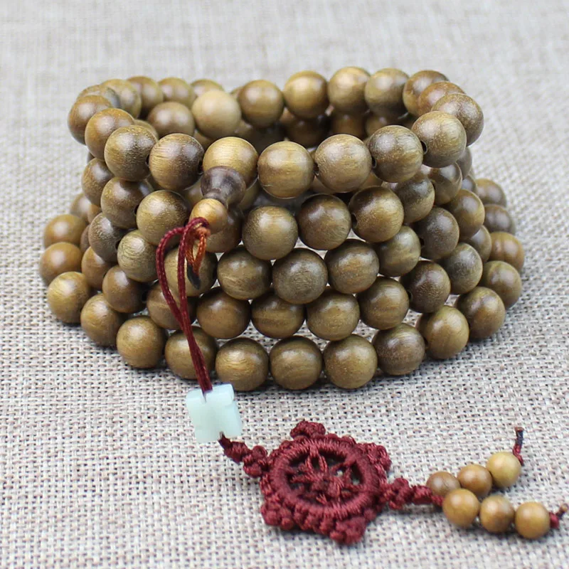 

Green Sandalwood Bracelet 108 Solid Wood Beads Men and Women Jewelry