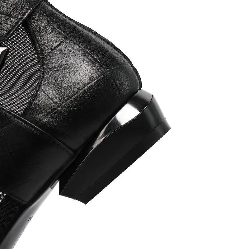 

2020 Female Summer Ankle Boots for Woman genuine leather Weave Mesh Boots Women Chunky Heels Sandals Pointed Toe Boot Black