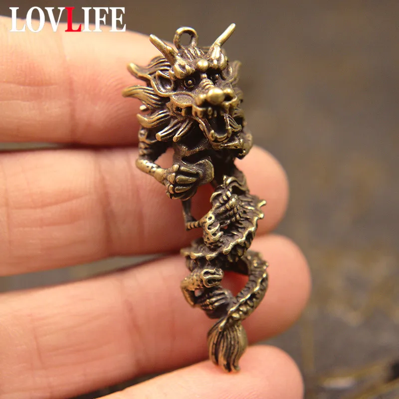 Vintage Copper Chinese Beast Zodiac Dragon Figurines Car Key Chain Pendants Metal Brass Animal Keychain Hanging Jewelry Keyrings