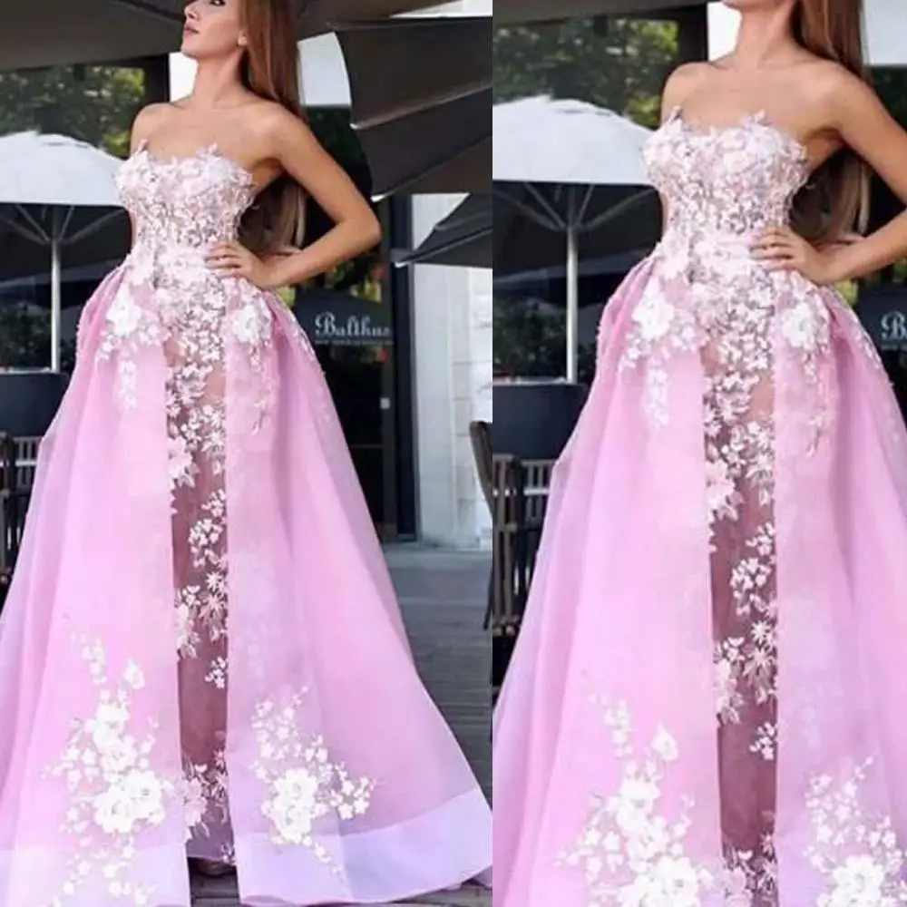 

SuperKimJo Detachable Train Evening Dresses Long Pink Lace Applique 3D Flowers Elegant Evening Gown Vestido De Festa