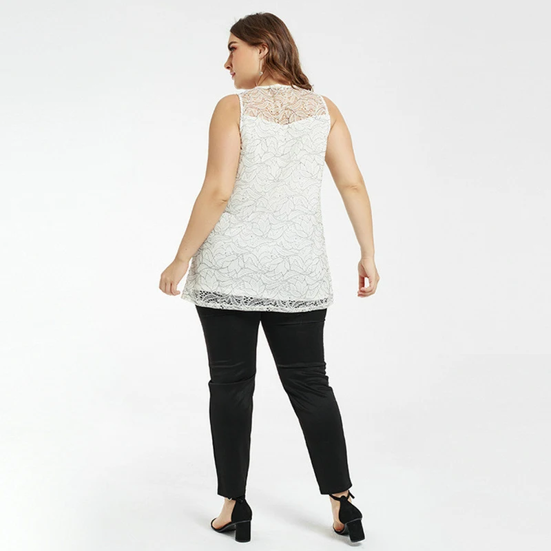 Plus Size Chiffon Blouse Clothes 2021 Women Lace Stitching Sexy Sleeveless Urban Casual Top Solid Color Pattern Loose Round Neck