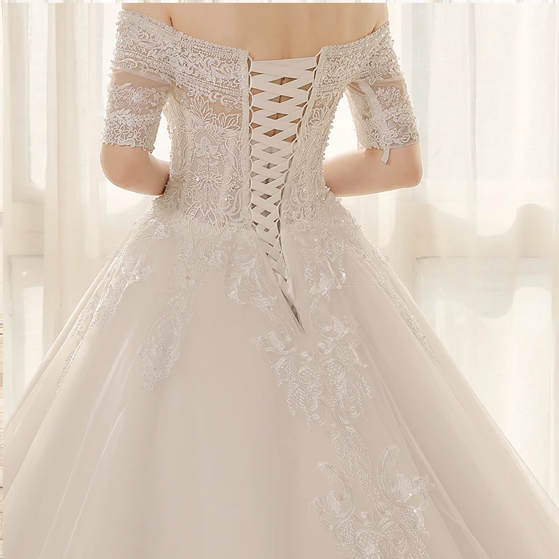 

SL6803 plus size wedding dress boat neck lace short sleeve bridal ball gowns crystal beaded vintage wedding dresses for women