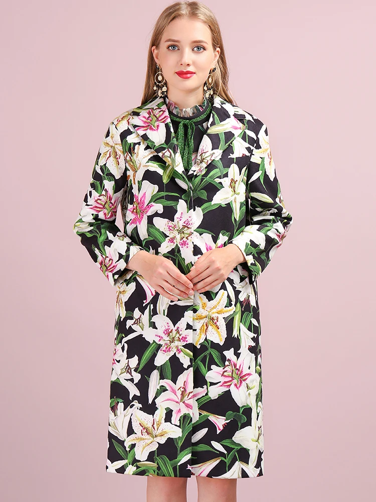 LD LINDA DELLA Autumn Winter Outwear Women's Coats Long Sleeve Floral Printed Button Beading Elegant Vintage Ladies Overcoat