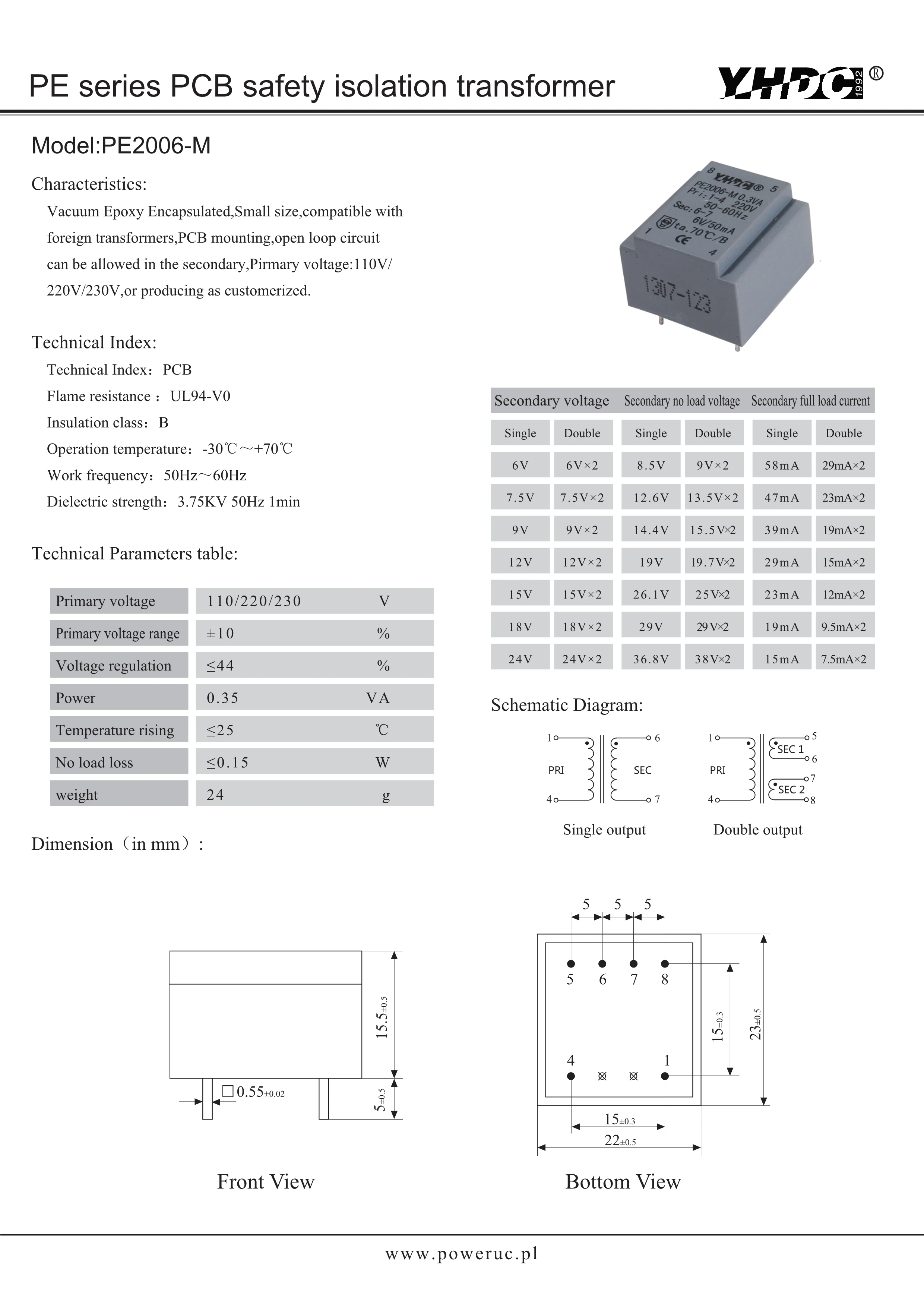 Изоляционный трансформатор для сварки печатных плат YHDC PE2006-M 0 35ва 110 В/12 В x2 |