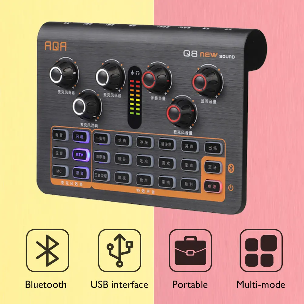 

Q8 Live Streaming Bluetooth-compatible Sound Card Voice Changer Audio Mixer for Phone PC Audio Mixer with 16 Sound Effects