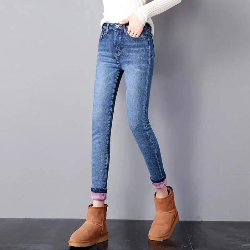 light blue Женские Зимние флисовые джинсы Новые однотонные теплые плотные джинсовые узкие брюки модные обтягивающие джинсовые брюки сексуальные узкие брюки - Color: light blue