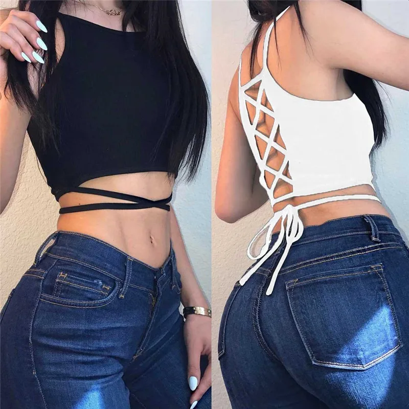 

Tops Summer Women Sexy Camis Sleevelsess Hollow Out Short Cropped Top Slim Spaghetti Strap Streetwear Black Lace Up Camisoles