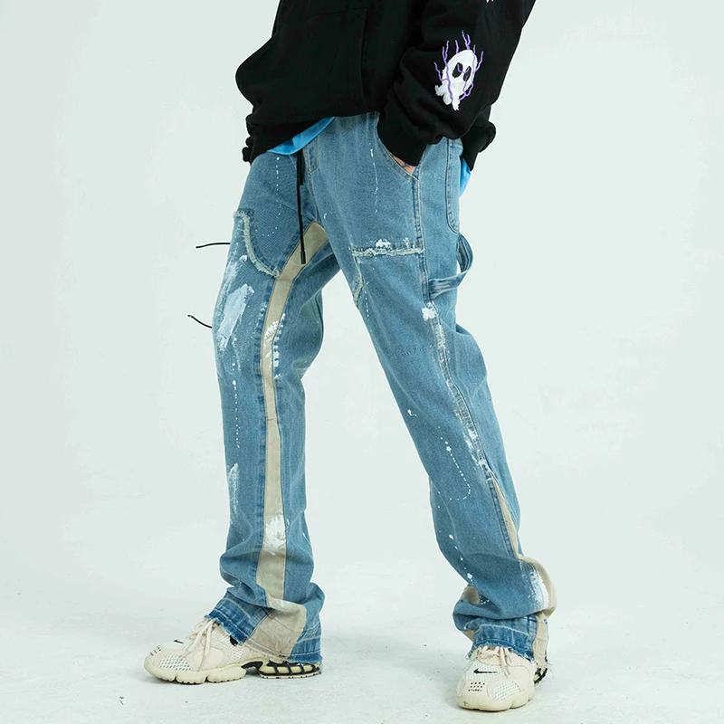 

Color Block Painted Streetwear Drawstring Jeans Men Frayed Side Ribbon Loose Casual Denim Trousers Hip Hop Harajuku Couple Pants
