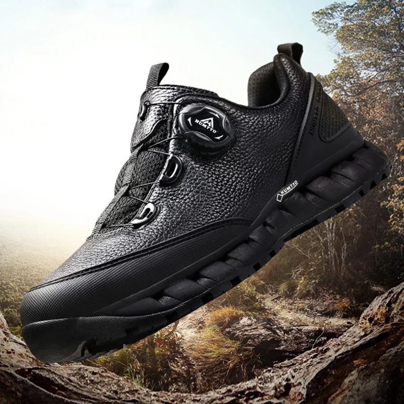 Humtto Outdoor Camping Hiking Shoes for Mens Black/Blue Anti-skid Waterproof Leather Trekking Men Boots Trend Sports Sneakers