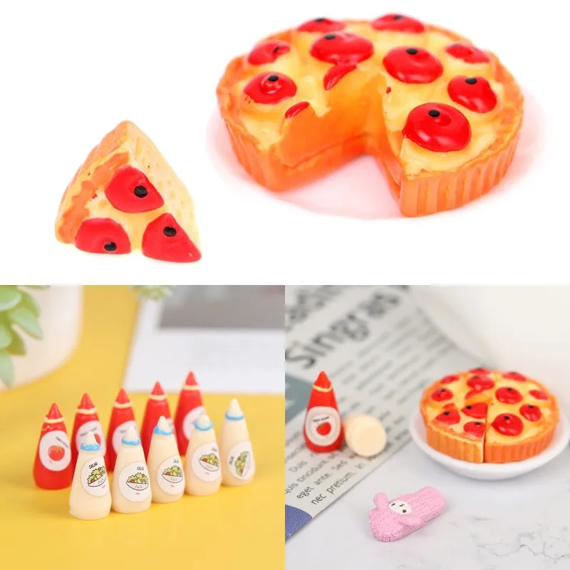 

1 Set 1:12 Dollhouse Miniature Fruit Pizza Dinner Plate Salad Dressing Ketchup Microwave Oven Gloves Dollhouse Kitchen Food Set