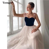 verngo a line prom dresses sweetheart ribbon straps tied navy blue velour top blush pink midi skirt homecoming formal gowns