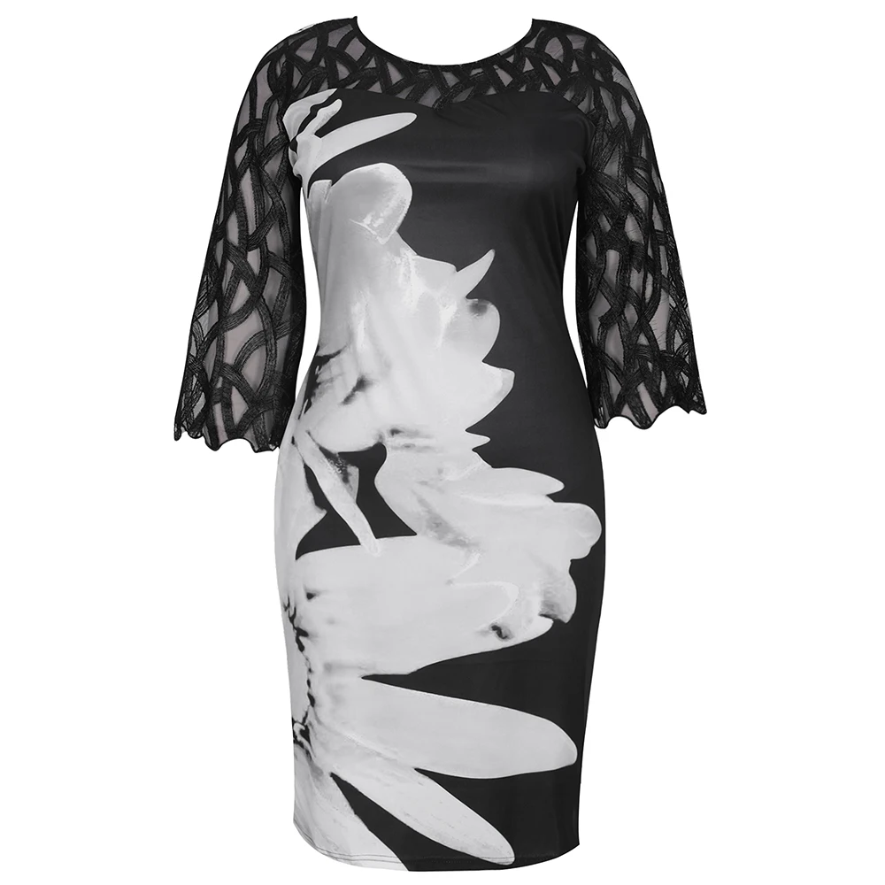 

Plus Size Women's Summer Dress Elegant White Floral Print Casual Dress 2021 Autumn Mesh Sleeve Evening Party Dresses 3XL 4XL 5XL