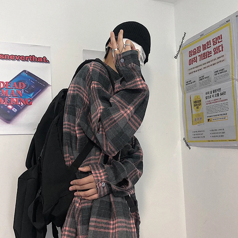 

2020 Korean Style Plaid Shirt Hip Hop Long Sleeve Clothes Kpop Fashion Oversized Tops Harajuku Mens Casual Shirts Male