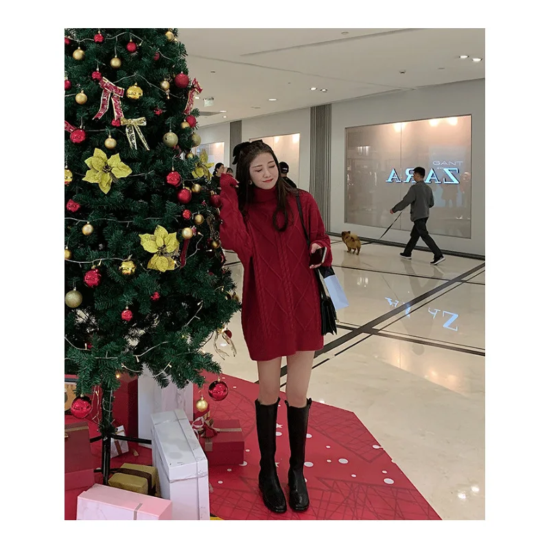 

Red retro twist turtleneck sweater women's loose outer wear 2021 new medium length thickened lazy BF Knitted Top
