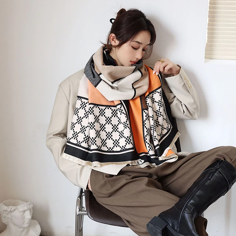 Imitation Cashmere Women Vintage Plaid Print Double sided Scarf Winter Warm Shawl Elegant Knit Tassel Female Thick Long Wrap |