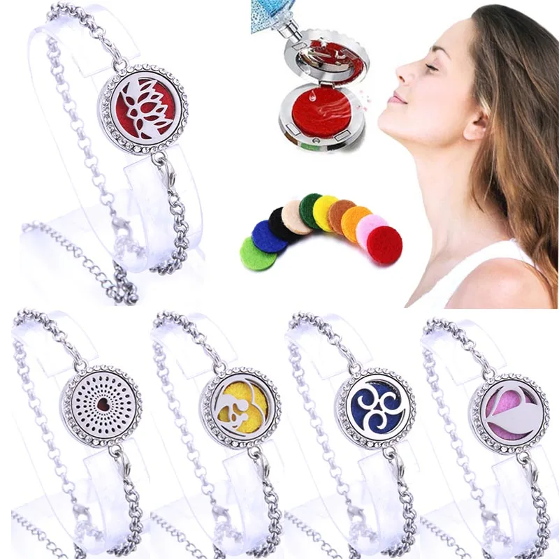

New lotus Aromatherapy Lockets bracelet Perfume Essential Oil Aroma Diffuser Lockets Adjustable Crystal bracelet Wholesale