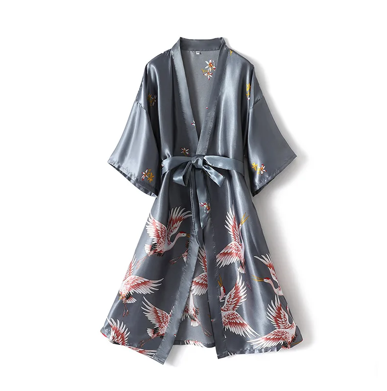 

Satin Print Robe Women Kimono Bathrobe Gown Sexy Intimate Lingerie Half Sleeve Nightwear Home Clothing Silky Sleepwear Nightgown