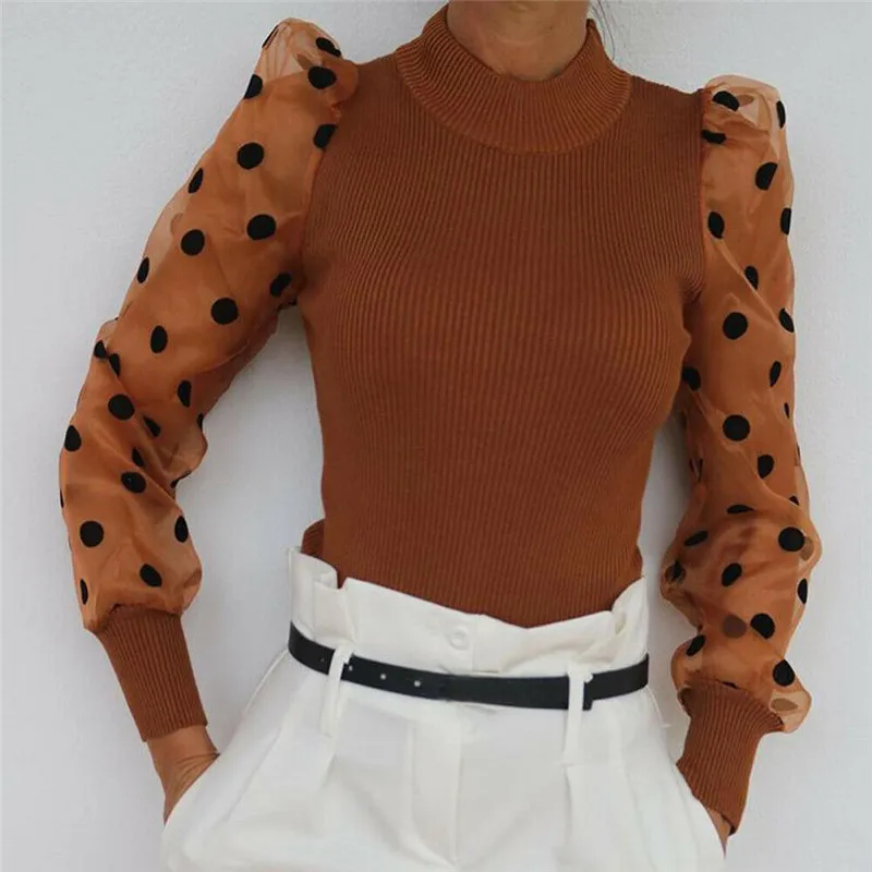 

Women Blouse Mesh Polka Dots Puff Long Sleeve Shirt Loose Casual Ribbed Knitted Blouses Tops Spring Elegant Turtleneck Shirt