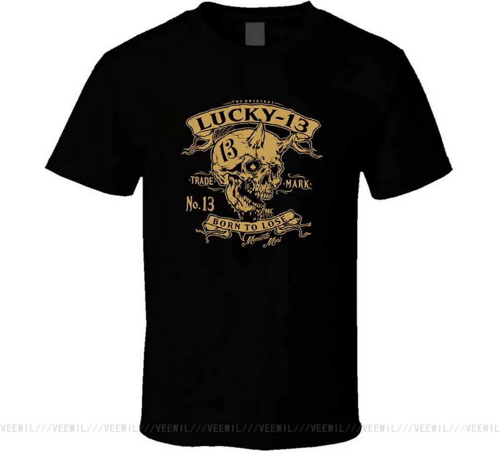 

NEW Lucky 13Goth Punk Skull Retno Shirt Black White Tshirt Men's Fast Shipping TEE Shirt Stylish Custom