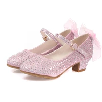 princess kids leather shoes for girls flower casual glitter children high heel girls shoes butterfly knot blue pink silver