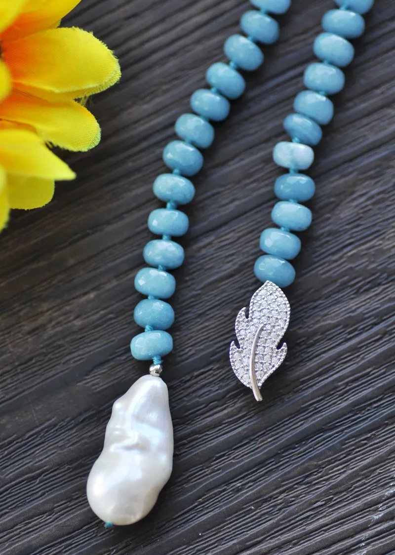 

P7511 26" Blue Aquamarine Bead 30mm White Round Keshi Pearl Pendant Necklace