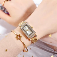luxury women geometric square rhinestone shiny steel strap quartz wrist watch
