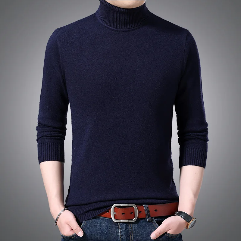 Мужской теплый свитер с высоким воротником однотонный вязаный пуловер в