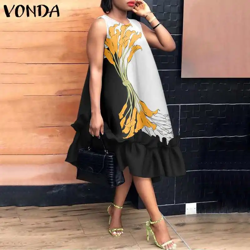 

VONDA Women Sleeveless Ruffled Long Dress 2021 Ladies Casual Vintage Printed Summer Tank Dresses Bohemian Vestidos Femme Robe