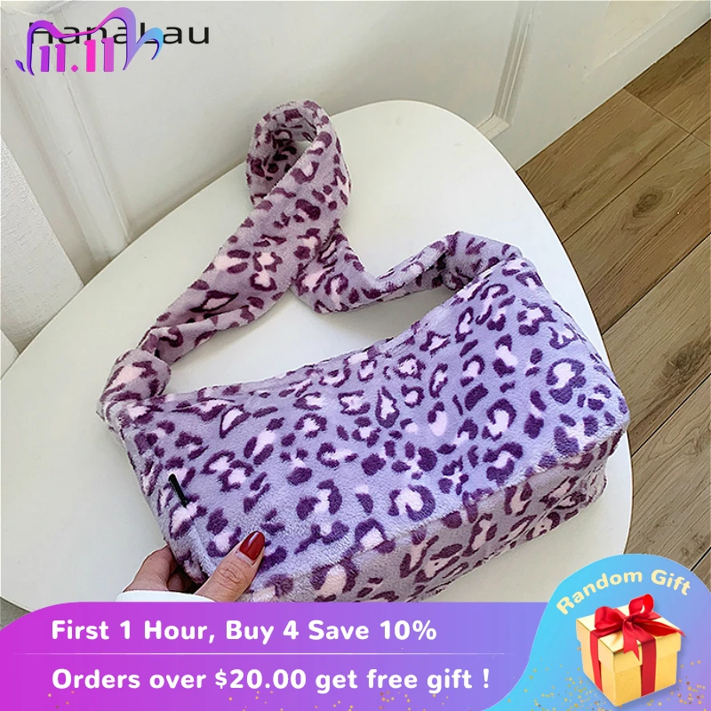 

Soft Plush Leopard Cow Pattern Women Shoulder Bags Fashion Faux Fur Ladies Handbags Winter Female Messenger Bag Clutch Purse