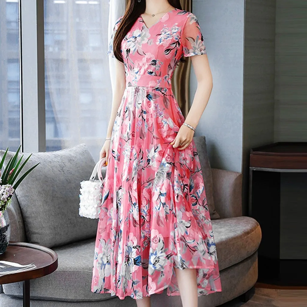 Printing Dresses For Women Fashion Summer O-neck Knee Length Short Sleeve Printing Dress Elegant Skirt Gift Ensemble Alt Clothes