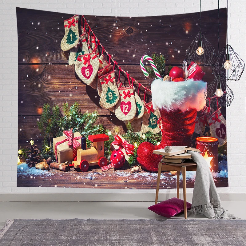 

2022 Christmas Tapestry Santa Claus Fireplace Elk Snowman New Year Wishes Room Decoration Tapestry Red Retro Bedroom Wallpaper