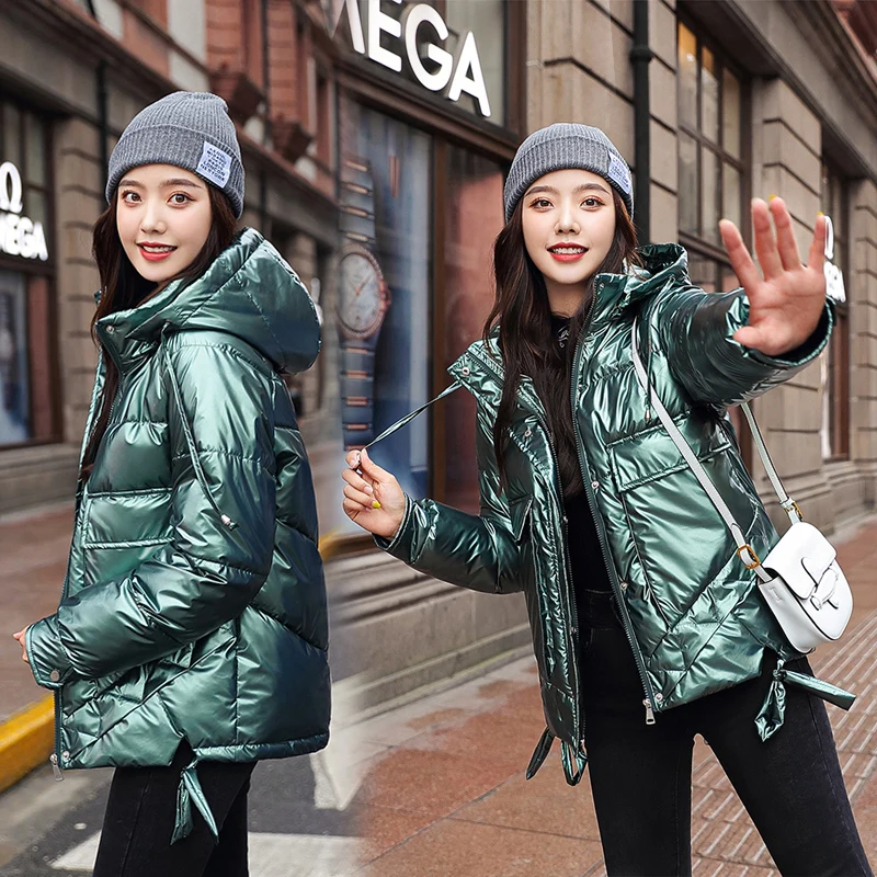 

Winter women short parkas jackets casual female thicken warm hooded jackets coat windprood shiny big pocket jackets