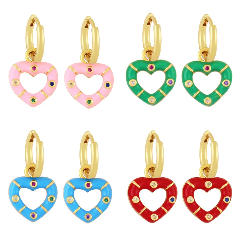 

Copper Zircon Heart Drop Earrings Gold Plated Enamel Colorful Earrings For Women Girl Fashion Jewelry Gift