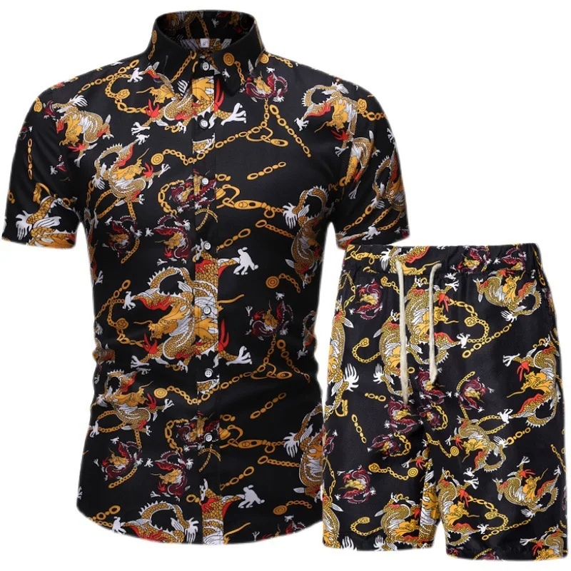 

2021 Men's Hawaiian Beach Flower Shirt Short Sleeve Men's Loose Large Shirt Shorts Print Suit Men Shirts