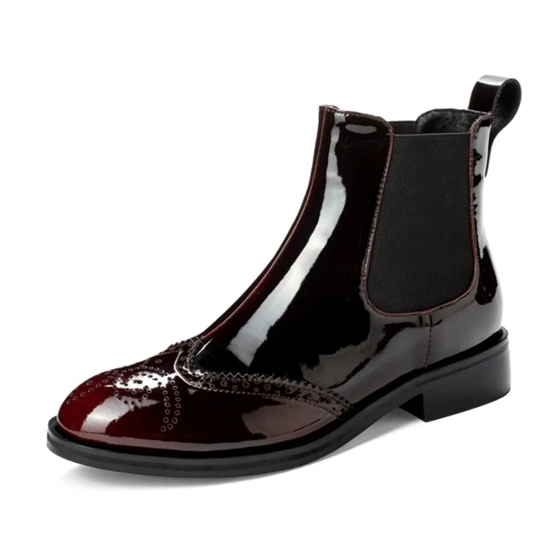 Модные женские ботинки из лакированной кожи обувь на плоской подошве с круглым