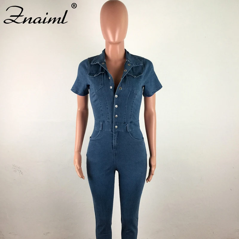 Комбинезон женский джинсовый с коротким рукавом пикантный однобортный