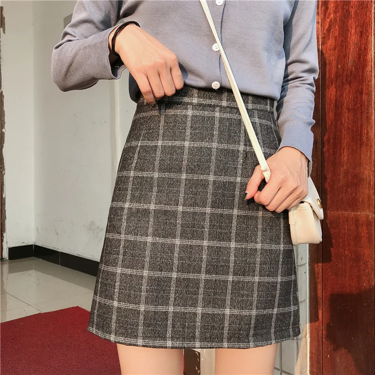 Юбка женская клетчатая с завышенной талией тонкая короткая модная Милая