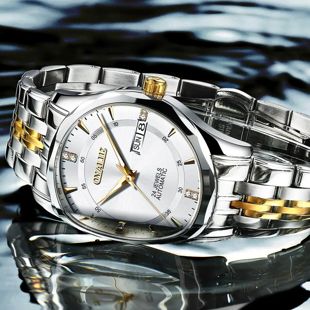 

men's automatic mechanical wristwatch luxury fashion casual trending brand tungsten steel watchband with double calendar clock